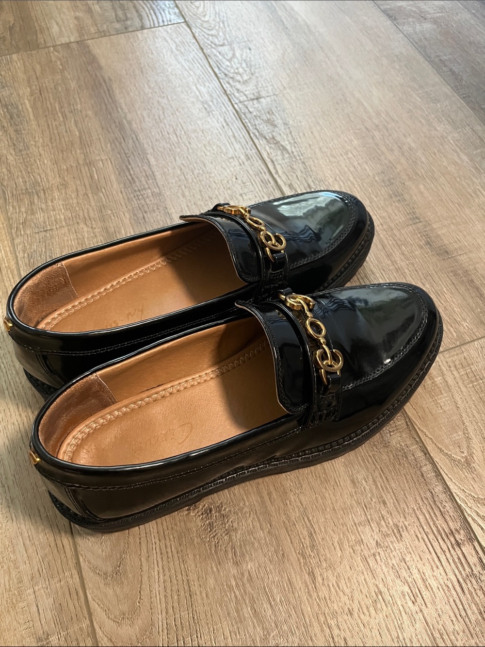 Circus by Sam Edelman Black Patent Loafers with Gold Chain